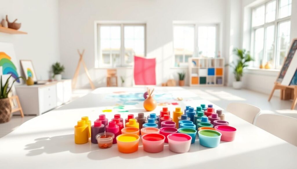 a bright, airy art studio with a large window letting in natural light, a clean white table or work surface with a variety of non-toxic finger paints in vibrant colors arranged neatly, a few simple shapes or objects to inspire creativity, the table surrounded by minimal, contemporary furniture and decor, a sense of calm and focus, no clutter or mess, an inviting and inspiring space for a beginner to explore finger painting with confidence