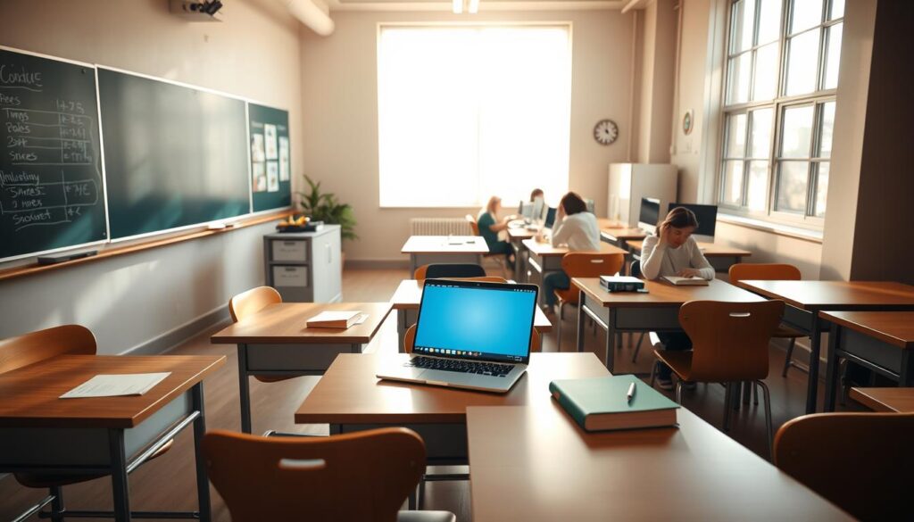 a classroom with desks, chairs, and a chalkboard in the foreground, a laptop and textbooks on the desks, and students working at their computers in the middle ground, the room is well-lit with natural light streaming in through large windows in the background, creating a warm and inviting atmosphere, the overall scene conveys a sense of focus and productivity as the students engage with their virtual classroom