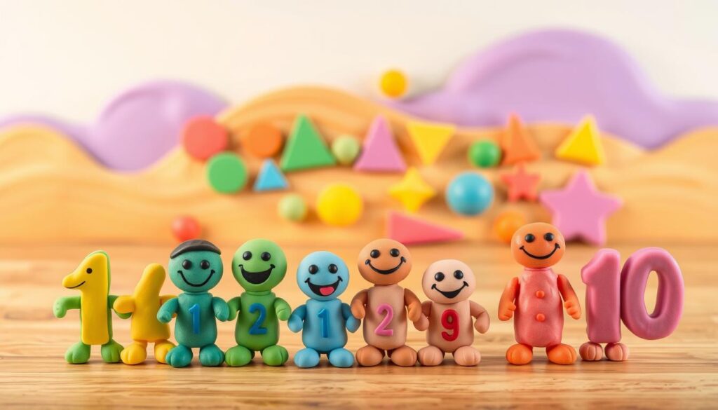 a colorful play dough scene depicting the introduction to basic addition concepts. in the foreground, a group of cheerful play dough figures representing different numbers, ranging from 1 to 10, are arranged in a playful manner. the middle ground showcases various shapes and geometric forms made of play dough, illustrating the fundamental building blocks of addition. the background features a whimsical play dough landscape, with gentle hills, swirling patterns, and a soft, diffused lighting that creates a warm, inviting atmosphere. the overall composition conveys a sense of playfulness, learning, and exploration, perfectly suited for introducing the concepts of basic addition to young learners.