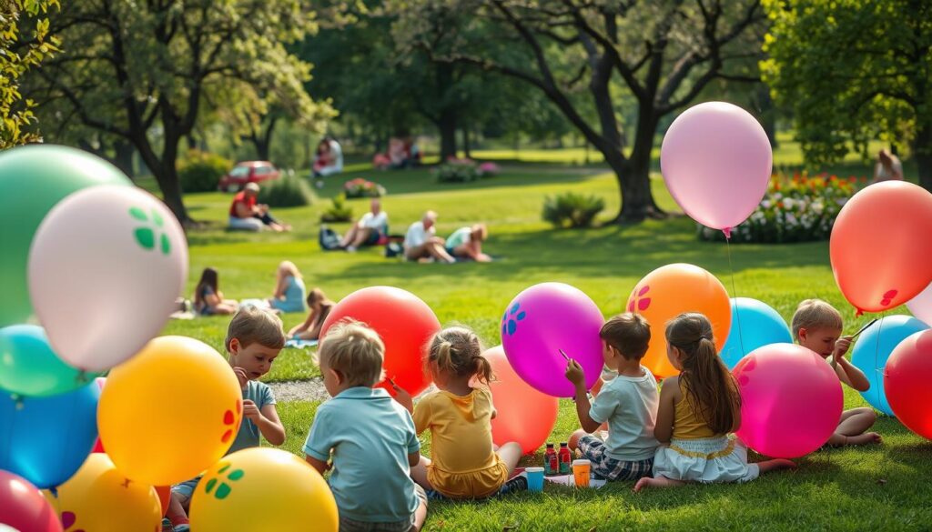 a group of colorful balloons in a park, being painted with vibrant hues, creating a whimsical and creative display. In the foreground, several children are carefully applying paint to the inflated balloons, their faces filled with concentration and delight. In the middle ground, a casual afternoon picnic scene unfolds, with families and friends gathered on blankets, enjoying the warm sunshine and the artists at work. The background showcases a lush, verdant landscape, with trees and flowers providing a natural, serene backdrop to the playful balloon painting scene. The lighting is soft and diffused, casting a warm, inviting glow over the entire composition. The overall mood is one of carefree joy, imagination, and artistic expression. a group of colorful balloons in a park, being painted with vibrant hues, creating a whimsical and creative display. In the foreground, several children are carefully applying paint to the inflated balloons, their faces filled with concentration and delight. In the middle ground, a casual afternoon picnic scene unfolds, with families and friends gathered on blankets, enjoying the warm sunshine and the artists at work. The background showcases a lush, verdant landscape, with trees and flowers providing a natural, serene backdrop to the playful balloon painting scene. The lighting is soft and diffused, casting a warm, inviting glow over the entire composition. The overall mood is one of carefree joy, imagination, and artistic expression.