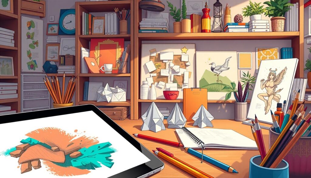a highly detailed, digital illustration of an art studio workspace, with a mixture of digital tablets, drawing pads, pencils, and paints, all arranged in a visually appealing and inspiring composition. The foreground features an open digital drawing tablet with a partially completed abstract painting on the screen, while the middle ground showcases a collection of paper-based art projects, including a collage, origami sculptures, and a sketchbook. The background has shelves filled with art supplies, books, and various decorative elements that create a cozy, creative atmosphere. The lighting is soft and natural, with warm tones that evoke a sense of productivity and artistic expression. The overall scene conveys a harmonious blend of digital and traditional art mediums, reflecting the theme of "Exploring Digital and Paper Art Projects".