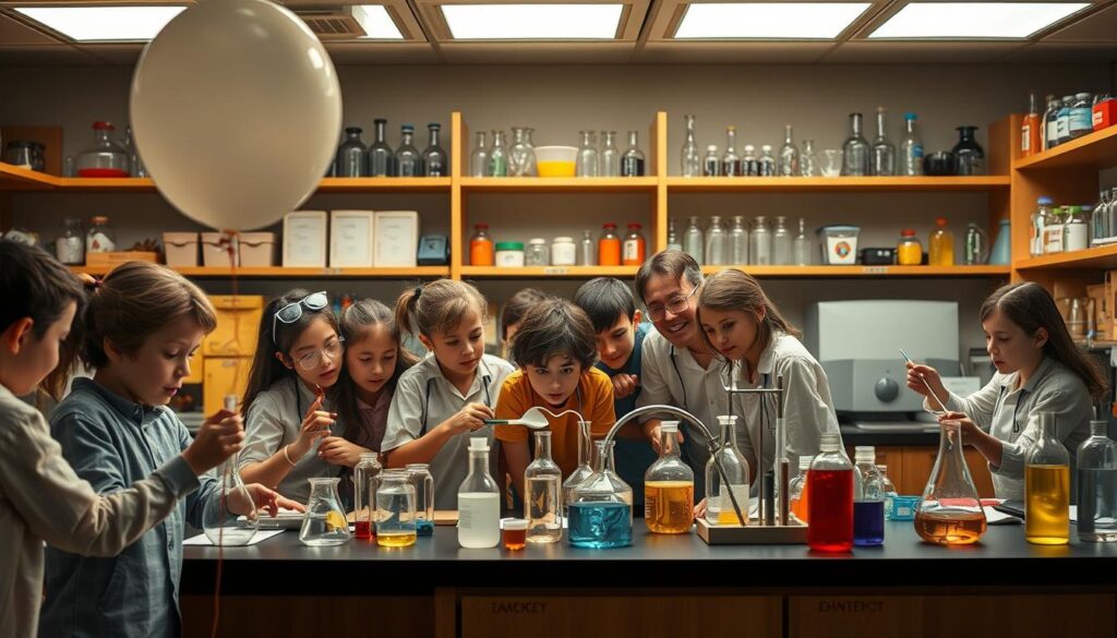 a highly detailed, hyper-realistic image of a science laboratory with various creative and unusual experiments taking place. In the foreground, there are students enthusiastically conducting experiments using everyday household items like balloons, vinegar, and baking soda. In the middle ground, a group of students are huddled around a table, observing the results of their experiments with looks of curiosity and wonder. In the background, shelves of beakers, test tubes, and other scientific equipment create a sense of a well-equipped, modern laboratory setting. The lighting is warm and inviting, casting a soft glow over the scene. The overall atmosphere is one of exploration, discovery, and collaborative learning.