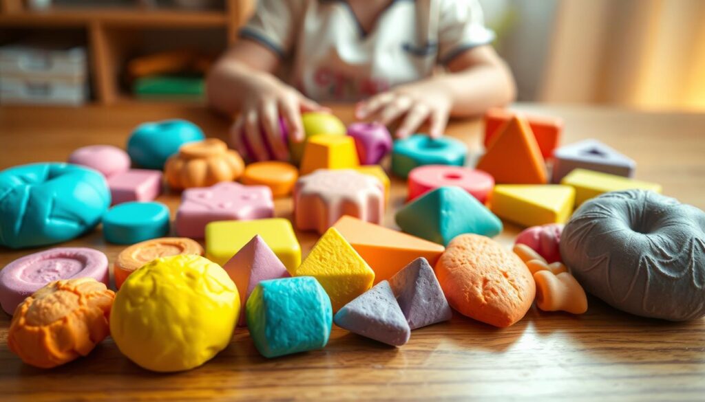 a play-dough matching activity set, featuring a variety of brightly colored, textured play-dough shapes in different geometric forms, arranged neatly on a clean, smooth wooden surface with a light, natural grain. The foreground showcases the assortment of shapes, including circles, squares, triangles, and rectangles, each one sculpted with intricate detail and a tactile, malleable appearance. The middle ground depicts a child's hands gently manipulating and exploring the shapes, encouraging fine motor skills and hand-eye coordination. The background is softly lit, creating a warm, inviting atmosphere that stimulates creativity and learning.