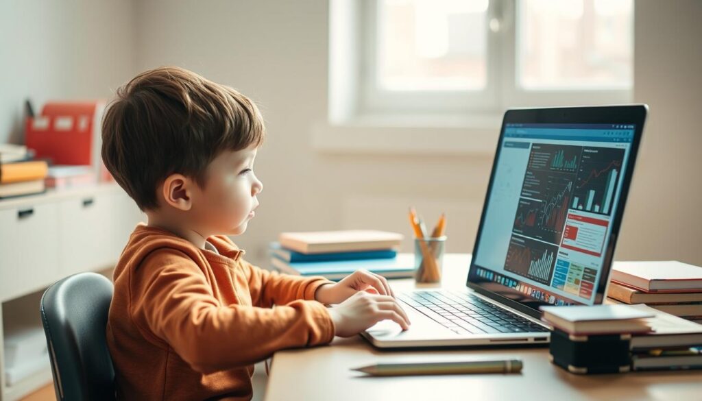 a young child sitting at a desk, analyzing information displayed on a laptop screen in front of them, with books and stationery surrounding them. The room is well-lit, with soft, natural lighting filtering in through a window, creating a warm and contemplative atmosphere. The child's expression is one of deep concentration, as they carefully examine and process the data before them. The scene conveys the importance of critical thinking and the engagement of young minds in the process of understanding and analyzing information.