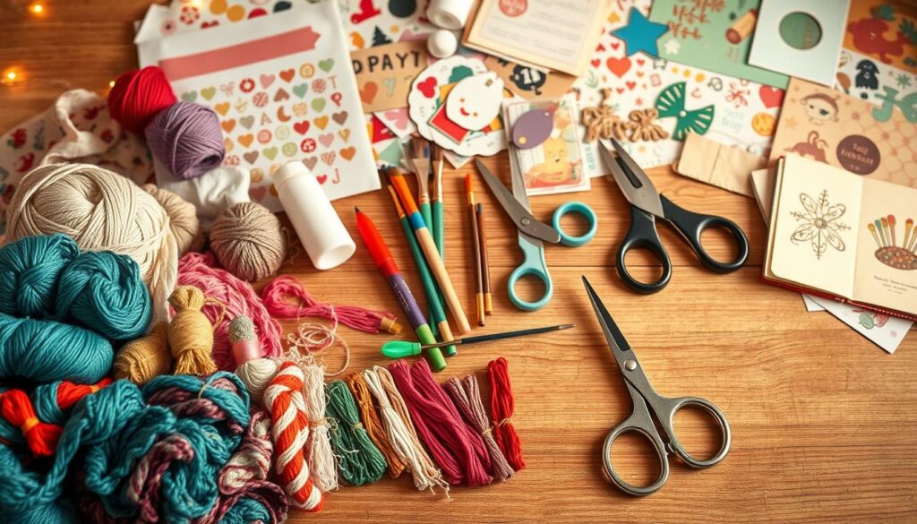 an assortment of craft materials and tools arranged on a wooden table, with soft, warm lighting illuminating the scene. The foreground features a variety of colorful yarns, embroidery floss, and sewing needles, neatly organized. In the middle ground, there are scissors, glue sticks, paintbrushes, and a pair of children's safety scissors. The background showcases various scrapbooking papers, stickers, and other decorative elements. The overall composition creates a cozy, inviting atmosphere, perfect for inspiring holiday craft projects.