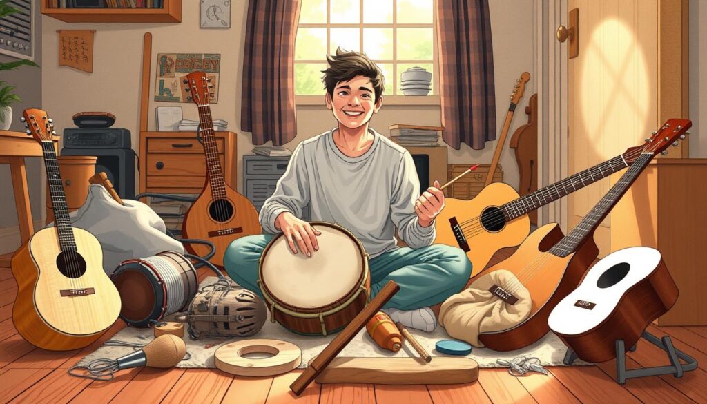 high quality, detailed digital illustration of a person sitting on the floor, surrounded by various handmade musical instruments and tools, including a simple drum, a homemade guitar, and other DIY items. The person is smiling and appears to be enjoying the creative process of making music. The background is a warm, cozy home setting with natural lighting coming in through a window, highlighting the textures and materials of the instruments. The composition conveys a sense of joy, imagination, and the benefits of engaging in DIY music creation.