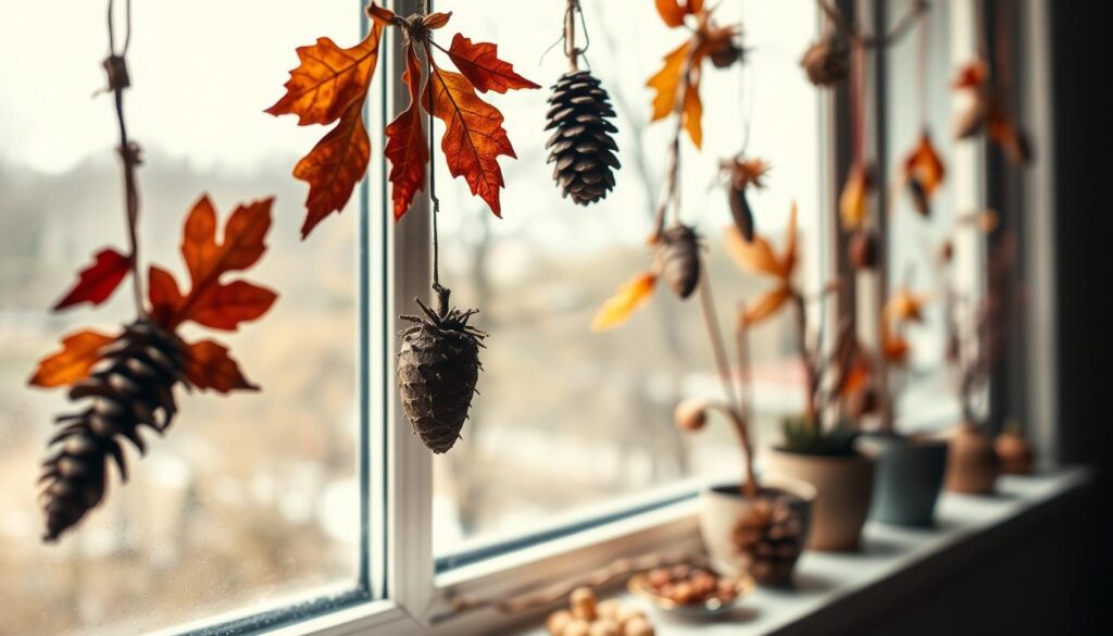 window crafts with natural materials, autumn-themed, warm lighting, shallow depth of field, close-up view, foreground features handmade window decorations made from natural elements like leaves, twigs, pinecones, acorns, and dried flowers, middle ground shows a cozy windowsill with potted plants, background reveals a tranquil outdoor scene with trees and a overcast sky, crafty, rustic, inviting atmosphere, calming, earthy tones, texture and organic forms take center stage