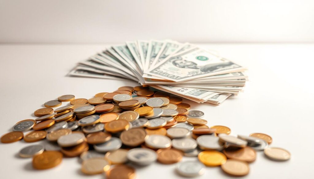 A brightly lit, tabletop scene showcasing a variety of colorful coins and paper bills. In the foreground, an assortment of coins - gold, silver, and copper - are scattered across the surface, as if recently poured from a piggy bank. In the middle ground, crisp, freshly minted bills in various denominations are fanned out, inviting tactile exploration. The background features a clean, neutral surface, allowing the vibrant colors and textures of the money to take center stage. Soft, diffused lighting casts a warm, inviting glow, creating a sense of playfulness and discovery suitable for a child-focused money game. A brightly lit, tabletop scene showcasing a variety of colorful coins and paper bills. In the foreground, an assortment of coins - gold, silver, and copper - are scattered across the surface, as if recently poured from a piggy bank. In the middle ground, crisp, freshly minted bills in various denominations are fanned out, inviting tactile exploration. The background features a clean, neutral surface, allowing the vibrant colors and textures of the money to take center stage. Soft, diffused lighting casts a warm, inviting glow, creating a sense of playfulness and discovery suitable for a child-focused money game.