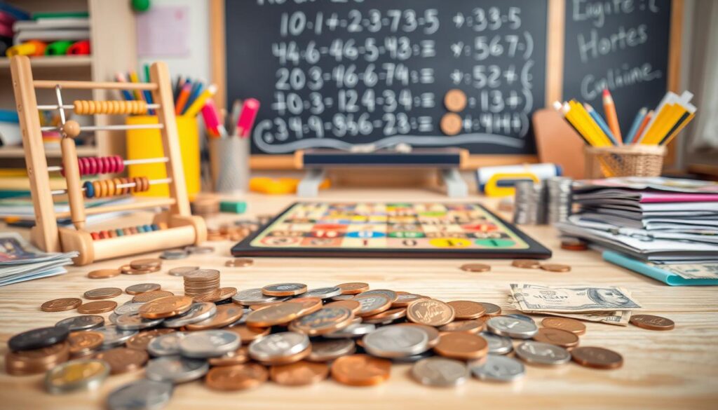 A cheerful, well-lit tabletop scene featuring a variety of colorful coins, bills, and math-themed game elements. In the foreground, a scattering of coins in various denominations, along with a small abacus and a wooden number line. In the middle ground, a board game with coin-shaped game pieces and number-themed graphics. In the background, a chalkboard or whiteboard displaying simple math equations and a colorful array of school supplies. The overall mood is playful and educational, conveying the idea of engaging money-themed activities for children. A cheerful, well-lit tabletop scene featuring a variety of colorful coins, bills, and math-themed game elements. In the foreground, a scattering of coins in various denominations, along with a small abacus and a wooden number line. In the middle ground, a board game with coin-shaped game pieces and number-themed graphics. In the background, a chalkboard or whiteboard displaying simple math equations and a colorful array of school supplies. The overall mood is playful and educational, conveying the idea of engaging money-themed activities for children.