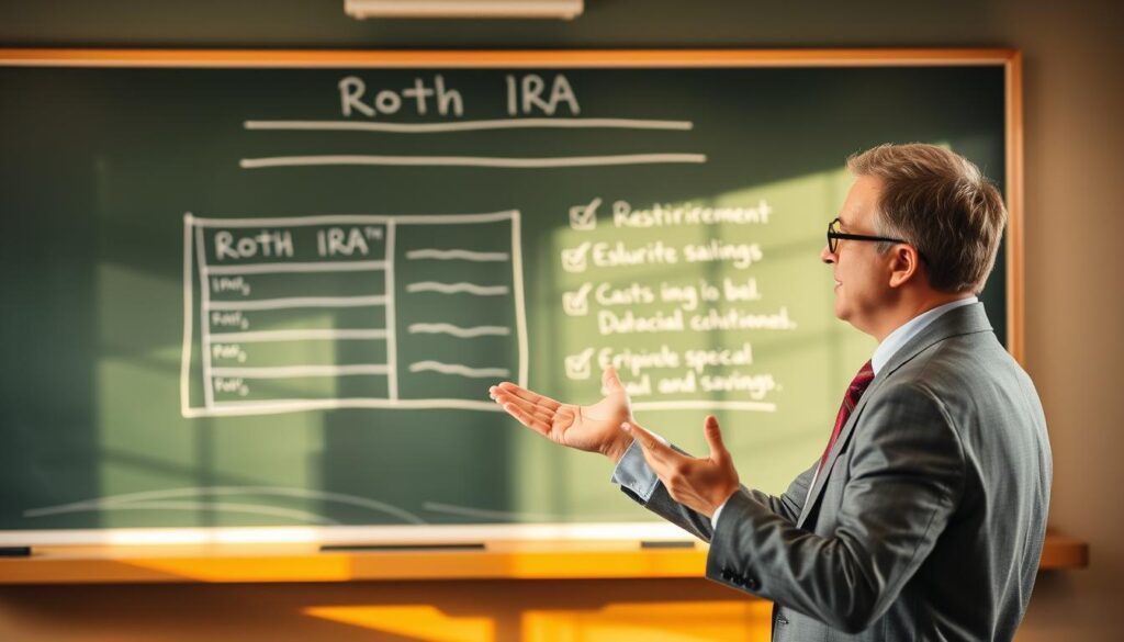 A classroom setting with a chalkboard in the background, showcasing a detailed illustration of a Roth IRA account and its key features. In the foreground, a financial advisor gestures towards the chalkboard, explaining the dual-purpose of a Roth IRA as both a retirement and education savings tool. Warm, natural lighting illuminates the scene, creating a welcoming and informative atmosphere. The advisor's attire and the overall composition convey a sense of professionalism and expertise, guiding the viewer through the intricacies of this versatile financial instrument. A classroom setting with a chalkboard in the background, showcasing a detailed illustration of a Roth IRA account and its key features. In the foreground, a financial advisor gestures towards the chalkboard, explaining the dual-purpose of a Roth IRA as both a retirement and education savings tool. Warm, natural lighting illuminates the scene, creating a welcoming and informative atmosphere. The advisor's attire and the overall composition convey a sense of professionalism and expertise, guiding the viewer through the intricacies of this versatile financial instrument.