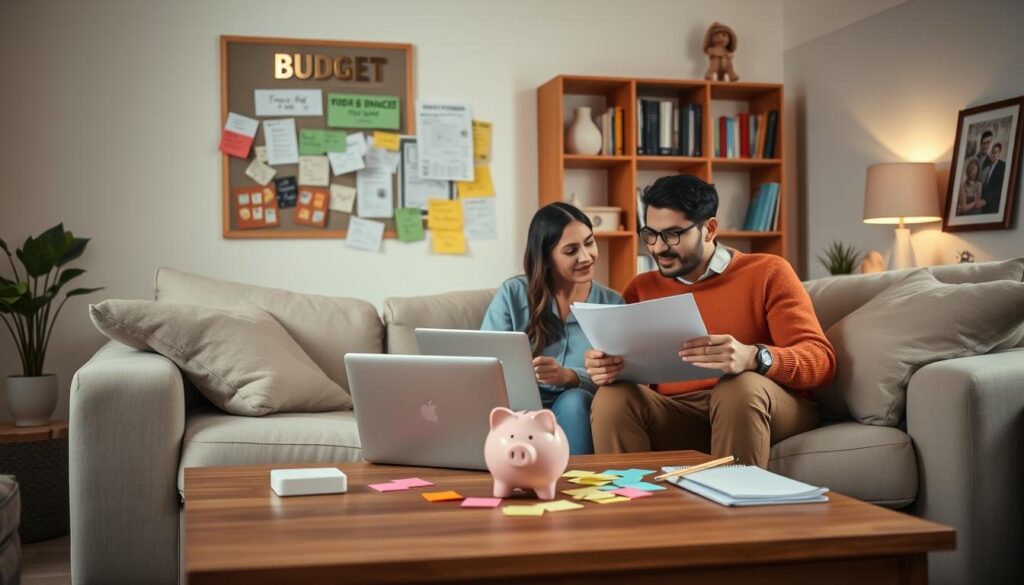 A cozy family living room with soft, warm lighting and a gentle, inviting atmosphere. In the foreground, a young couple sits on a plush sofa, reviewing financial documents and discussing budgeting strategies. On a wooden coffee table, a laptop, a piggy bank, and some colorful sticky notes convey the idea of careful planning and organization. In the middle ground, a bulletin board displays various budget-related notes, charts, and reminders, creating a sense of structure and intentionality. The background features a bookshelf filled with personal finance books and a framed family photo, reinforcing the theme of family and financial responsibility. A cozy family living room with soft, warm lighting and a gentle, inviting atmosphere. In the foreground, a young couple sits on a plush sofa, reviewing financial documents and discussing budgeting strategies. On a wooden coffee table, a laptop, a piggy bank, and some colorful sticky notes convey the idea of careful planning and organization. In the middle ground, a bulletin board displays various budget-related notes, charts, and reminders, creating a sense of structure and intentionality. The background features a bookshelf filled with personal finance books and a framed family photo, reinforcing the theme of family and financial responsibility.