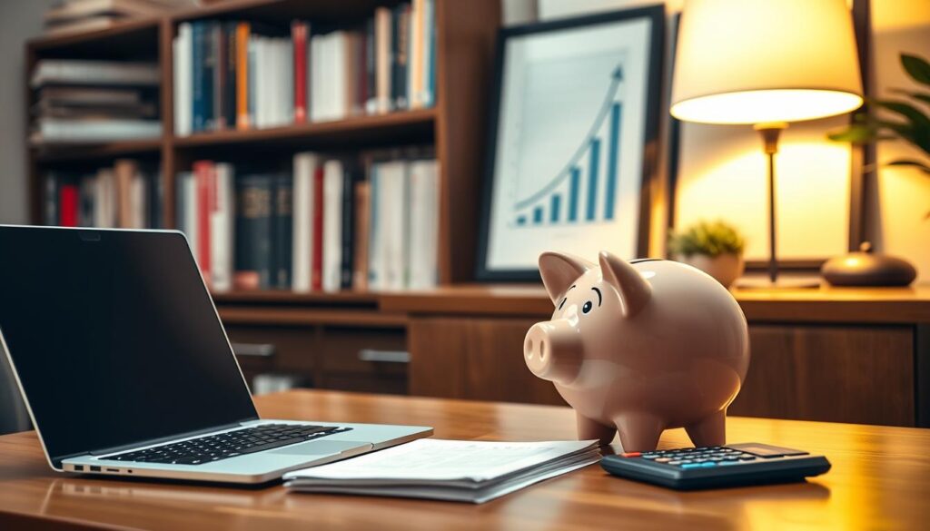A cozy home office with a wooden desk, a laptop, and a piggy bank. Soft, warm lighting illuminates the scene, creating a sense of financial security and well-being. In the background, a bookshelf filled with personal finance books and a framed print of a graph depicting financial growth. On the desk, a stack of documents and a calculator, symbolizing the careful planning and organization required for an effective emergency fund strategy. The overall atmosphere conveys a feeling of financial responsibility and stability, inspiring confidence in the viewer's ability to achieve their financial goals. A cozy home office with a wooden desk, a laptop, and a piggy bank. Soft, warm lighting illuminates the scene, creating a sense of financial security and well-being. In the background, a bookshelf filled with personal finance books and a framed print of a graph depicting financial growth. On the desk, a stack of documents and a calculator, symbolizing the careful planning and organization required for an effective emergency fund strategy. The overall atmosphere conveys a feeling of financial responsibility and stability, inspiring confidence in the viewer's ability to achieve their financial goals.