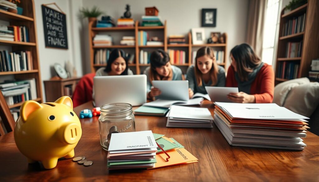 A cozy, well-lit home office scene featuring a family gathered around a wooden table, exploring a variety of financial management tools. In the foreground, a colorful piggy bank, a jar for coins, and a stack of colorful envelopes labeled with different budget categories. In the middle ground, a laptop, a tablet, and a stack of financial documents, as well as a family members discussing strategies. In the background, shelves with books on personal finance and family budgeting. The overall atmosphere is one of engaged learning and collaboration, with warm lighting and a sense of purpose. A cozy, well-lit home office scene featuring a family gathered around a wooden table, exploring a variety of financial management tools. In the foreground, a colorful piggy bank, a jar for coins, and a stack of colorful envelopes labeled with different budget categories. In the middle ground, a laptop, a tablet, and a stack of financial documents, as well as a family members discussing strategies. In the background, shelves with books on personal finance and family budgeting. The overall atmosphere is one of engaged learning and collaboration, with warm lighting and a sense of purpose.
