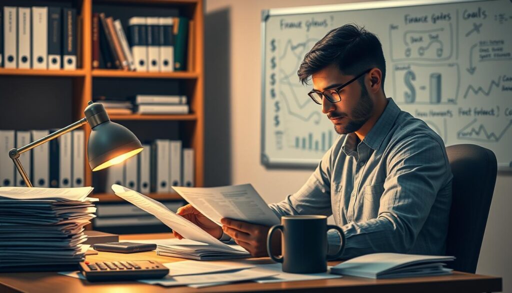 A meticulously crafted scene of financial goal planning. In the foreground, a person sits at a desk, intently studying a spreadsheet, their face illuminated by the warm glow of a desk lamp. On the desk, a stack of financial documents, a calculator, and a mug of steaming coffee. In the middle ground, shelves of finance books and a wall-mounted whiteboard covered in handwritten notes and diagrams. The background is softly blurred, conveying a sense of focus and concentration. The overall lighting is soft and natural, creating a contemplative atmosphere. The composition is balanced and symmetrical, evoking a sense of order and control. The mood is one of determination and intentionality, as the individual works towards their financial objectives. A meticulously crafted scene of financial goal planning. In the foreground, a person sits at a desk, intently studying a spreadsheet, their face illuminated by the warm glow of a desk lamp. On the desk, a stack of financial documents, a calculator, and a mug of steaming coffee. In the middle ground, shelves of finance books and a wall-mounted whiteboard covered in handwritten notes and diagrams. The background is softly blurred, conveying a sense of focus and concentration. The overall lighting is soft and natural, creating a contemplative atmosphere. The composition is balanced and symmetrical, evoking a sense of order and control. The mood is one of determination and intentionality, as the individual works towards their financial objectives.