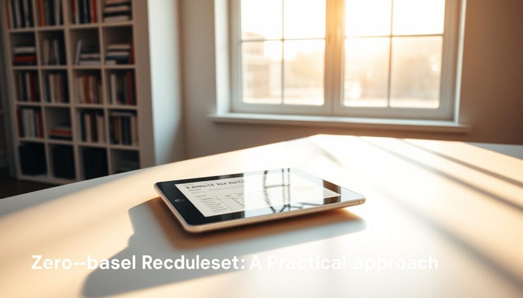 A minimalist workspace with a sleek, modern desk showcasing a digital tablet displaying a zero-based budget spreadsheet. The desk is bathed in warm, natural lighting from a large window, casting soft shadows across the clean, uncluttered surface. In the background, a bookshelf with neatly organized finance-related books creates a sense of focus and discipline. The overall scene conveys a serene, productive atmosphere, perfectly suited for the "Zero-Based Budgeting: A Practical Approach" section of the article. A minimalist workspace with a sleek, modern desk showcasing a digital tablet displaying a zero-based budget spreadsheet. The desk is bathed in warm, natural lighting from a large window, casting soft shadows across the clean, uncluttered surface. In the background, a bookshelf with neatly organized finance-related books creates a sense of focus and discipline. The overall scene conveys a serene, productive atmosphere, perfectly suited for the "Zero-Based Budgeting: A Practical Approach" section of the article.