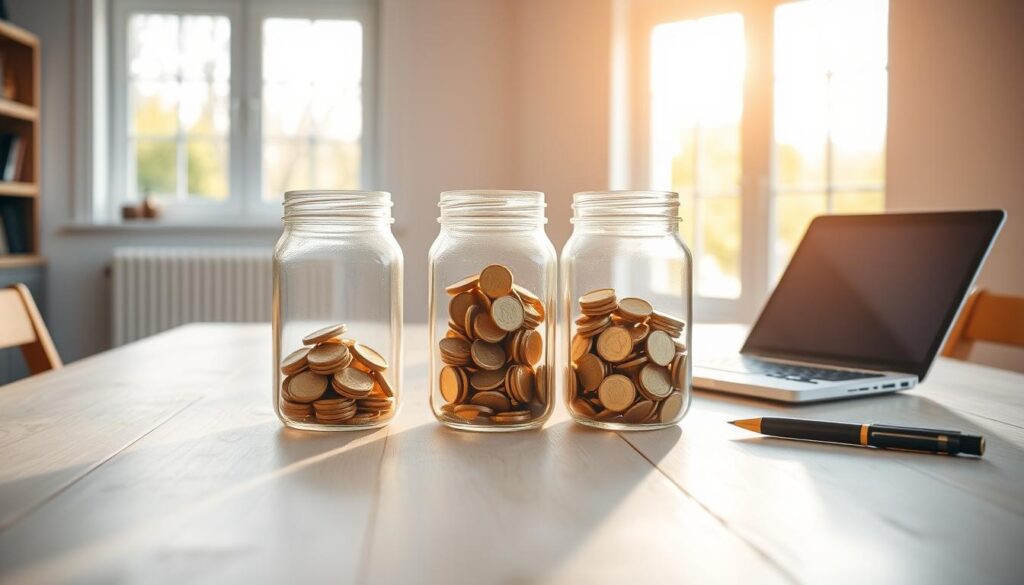 A spacious wooden table with a clean, white surface, bathed in warm, natural light from a large window. On the table, three glass jars filled with golden coins, representing high-yield savings accounts. Alongside, a laptop and a pen, suggesting the planning and research involved in college savings. The scene exudes a sense of financial security, with the jars conveying the growth and accumulation of funds over time. The overall mood is one of thoughtful preparation and quiet confidence in securing a child's educational future. A spacious wooden table with a clean, white surface, bathed in warm, natural light from a large window. On the table, three glass jars filled with golden coins, representing high-yield savings accounts. Alongside, a laptop and a pen, suggesting the planning and research involved in college savings. The scene exudes a sense of financial security, with the jars conveying the growth and accumulation of funds over time. The overall mood is one of thoughtful preparation and quiet confidence in securing a child's educational future.