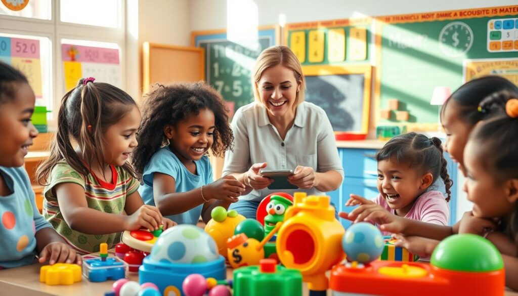 A vibrant and educational scene showcasing the fundamentals of financial literacy for young children. In the foreground, a group of diverse kids enthusiastically engaging with colorful, interactive money-themed toys and games, their faces filled with wonder and excitement. In the middle ground, a cheerful teacher guides them, using visual aids and a warm, engaging demeanor to explain key financial concepts. The background depicts a cheerful, sun-drenched classroom with colorful educational posters and a chalkboard displaying simple math equations. The lighting is soft and natural, creating a sense of warmth and learning. Capturing the joy and curiosity of children exploring the world of money in a playful, approachable way. A vibrant and educational scene showcasing the fundamentals of financial literacy for young children. In the foreground, a group of diverse kids enthusiastically engaging with colorful, interactive money-themed toys and games, their faces filled with wonder and excitement. In the middle ground, a cheerful teacher guides them, using visual aids and a warm, engaging demeanor to explain key financial concepts. The background depicts a cheerful, sun-drenched classroom with colorful educational posters and a chalkboard displaying simple math equations. The lighting is soft and natural, creating a sense of warmth and learning. Capturing the joy and curiosity of children exploring the world of money in a playful, approachable way.