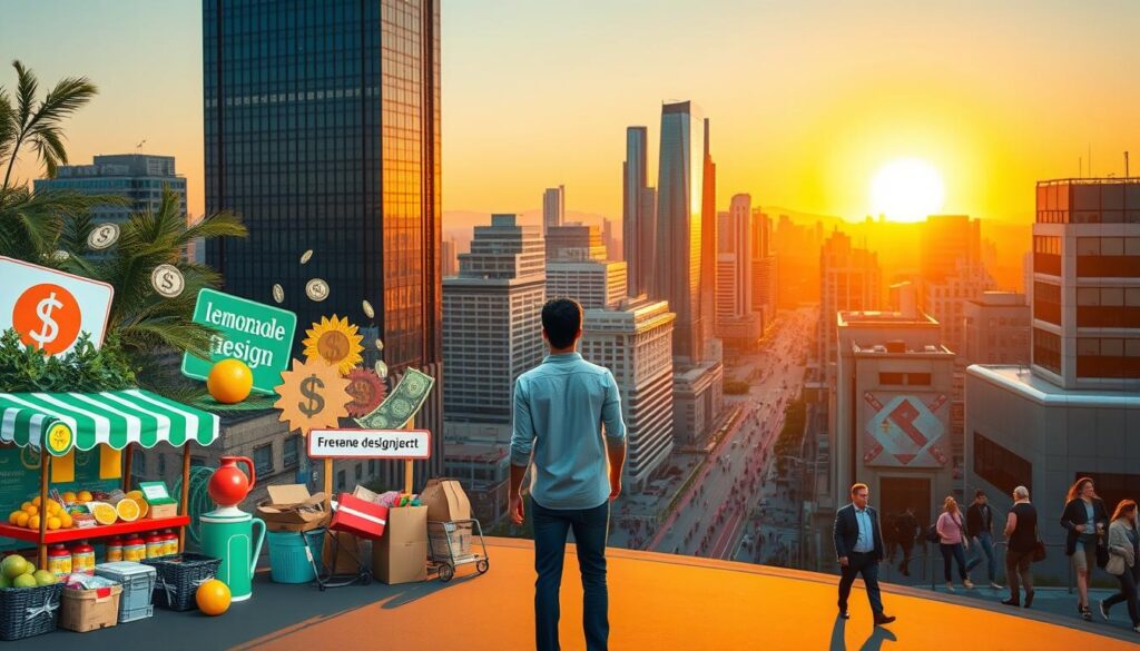 A vibrant, dynamic scene depicting various income streams and financial opportunities. In the foreground, a person standing amidst a collage of diverse revenue sources - a lemonade stand, a freelance design project, an online store, and a small business venture. The middle ground showcases a bustling city landscape with towering skyscrapers, busy streets, and people hurrying about their daily lives, symbolizing the vast array of employment and entrepreneurial prospects. In the background, a golden sunset casts a warm, inviting glow, evoking a sense of prosperity and growth. The lighting is soft and natural, creating a sense of optimism and abundance. The camera angle is slightly elevated, providing a comprehensive view of the scene and emphasizing the interconnectedness of the different income streams. A vibrant, dynamic scene depicting various income streams and financial opportunities. In the foreground, a person standing amidst a collage of diverse revenue sources - a lemonade stand, a freelance design project, an online store, and a small business venture. The middle ground showcases a bustling city landscape with towering skyscrapers, busy streets, and people hurrying about their daily lives, symbolizing the vast array of employment and entrepreneurial prospects. In the background, a golden sunset casts a warm, inviting glow, evoking a sense of prosperity and growth. The lighting is soft and natural, creating a sense of optimism and abundance. The camera angle is slightly elevated, providing a comprehensive view of the scene and emphasizing the interconnectedness of the different income streams.
