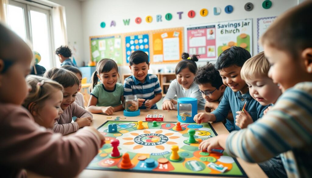 A vibrant scene of a playful, colorful financial literacy game for kids. In the foreground, a group of diverse children engaged in a lively board game, their faces alight with enthusiasm. The game pieces are whimsical representations of coins, bills, and financial symbols. In the middle ground, a table filled with various interactive money-themed activities, such as a coin sorting station, a pretend cash register, and a savings jar-building station. The background features a warm, cheerful classroom or learning environment, with educational posters and décor promoting financial education. Soft, natural lighting filters in, creating a welcoming and engaging atmosphere that encourages learning through play. A vibrant scene of a playful, colorful financial literacy game for kids. In the foreground, a group of diverse children engaged in a lively board game, their faces alight with enthusiasm. The game pieces are whimsical representations of coins, bills, and financial symbols. In the middle ground, a table filled with various interactive money-themed activities, such as a coin sorting station, a pretend cash register, and a savings jar-building station. The background features a warm, cheerful classroom or learning environment, with educational posters and décor promoting financial education. Soft, natural lighting filters in, creating a welcoming and engaging atmosphere that encourages learning through play.