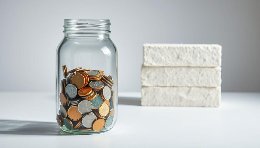 A visually striking illustration of fixed and variable expenses in a family budget. In the foreground, a clear glass jar filled with colorful coins represents the variable expenses - gas, groceries, entertainment. In the background, solid stone blocks symbolize the fixed costs - rent, utilities, insurance. Crisp, even lighting illuminates the scene, casting subtle shadows that emphasize the contrast between the two expense categories. The composition is balanced, drawing the viewer's eye to the central metaphor. The overall mood is one of organization, control, and financial responsibility - key themes for effective family budgeting. A visually striking illustration of fixed and variable expenses in a family budget. In the foreground, a clear glass jar filled with colorful coins represents the variable expenses - gas, groceries, entertainment. In the background, solid stone blocks symbolize the fixed costs - rent, utilities, insurance. Crisp, even lighting illuminates the scene, casting subtle shadows that emphasize the contrast between the two expense categories. The composition is balanced, drawing the viewer's eye to the central metaphor. The overall mood is one of organization, control, and financial responsibility - key themes for effective family budgeting.