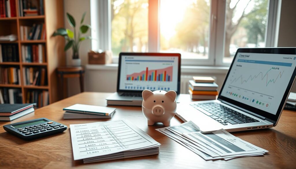 A well-lit, photorealistic scene of an education savings account (Coverdell ESA) concept. In the foreground, a calculator, piggy bank, and college tuition bills are arranged neatly on a wooden desk. In the middle ground, a laptop displays financial graphs and investment options. The background features a bookshelf filled with financial planning books, and a window overlooking a serene, tree-lined street. The overall atmosphere conveys a sense of financial responsibility and careful planning for a child's future education. A well-lit, photorealistic scene of an education savings account (Coverdell ESA) concept. In the foreground, a calculator, piggy bank, and college tuition bills are arranged neatly on a wooden desk. In the middle ground, a laptop displays financial graphs and investment options. The background features a bookshelf filled with financial planning books, and a window overlooking a serene, tree-lined street. The overall atmosphere conveys a sense of financial responsibility and careful planning for a child's future education.