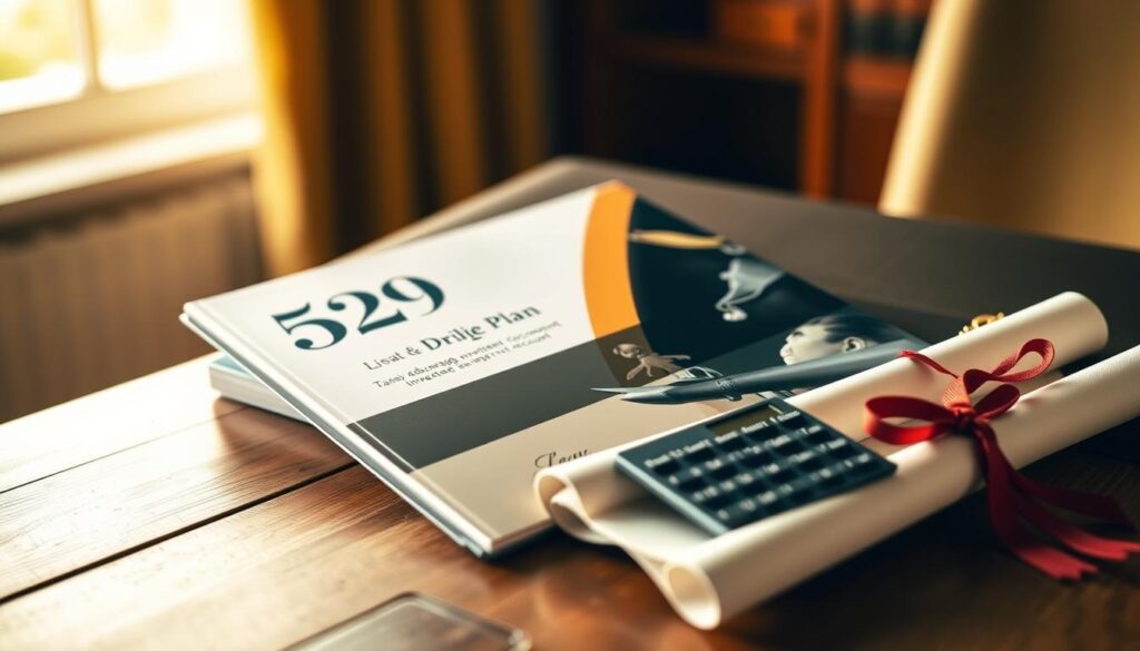 An elegant financial portfolio with a 529 plan booklet, calculator, and college diploma resting on a wooden table. Warm, golden lighting illuminates the scene, creating a sense of thoughtful contemplation. The background is a softly blurred office or study, hinting at the serious yet rewarding nature of saving for higher education. The composition emphasizes the key elements of the 529 plan - the tax-advantaged investment account, the financial planning tools, and the ultimate goal of a college degree. The overall mood is one of careful preparation, financial responsibility, and the promise of a brighter future. An elegant financial portfolio with a 529 plan booklet, calculator, and college diploma resting on a wooden table. Warm, golden lighting illuminates the scene, creating a sense of thoughtful contemplation. The background is a softly blurred office or study, hinting at the serious yet rewarding nature of saving for higher education. The composition emphasizes the key elements of the 529 plan - the tax-advantaged investment account, the financial planning tools, and the ultimate goal of a college degree. The overall mood is one of careful preparation, financial responsibility, and the promise of a brighter future.