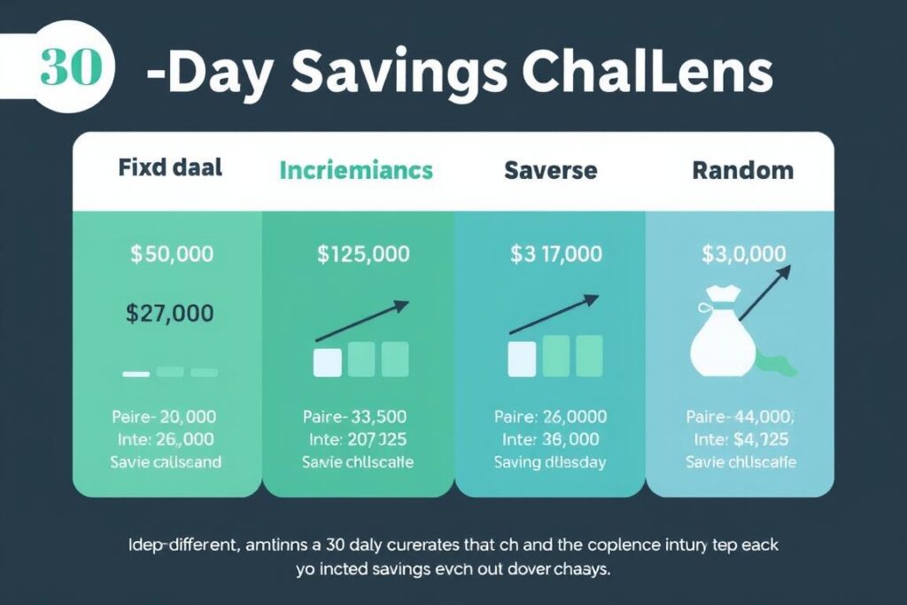 Different 30-day savings challenge methods illustrated Different 30-day savings challenge methods illustrated