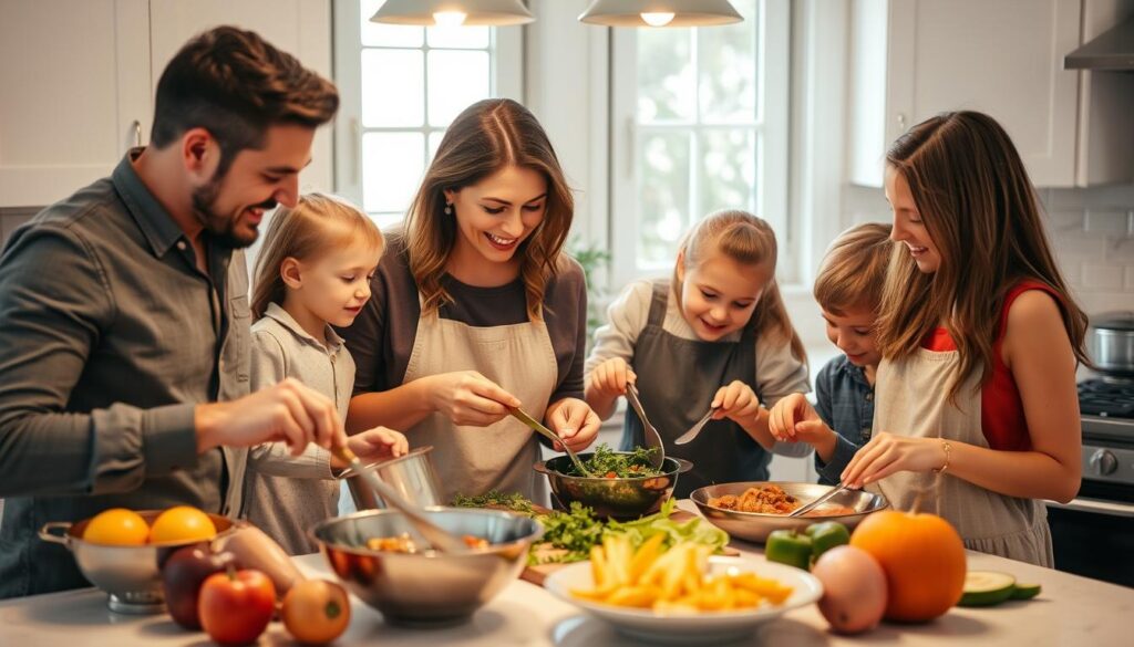 Family cooking together at home to save money on groceries Family cooking together at home to save money on groceries