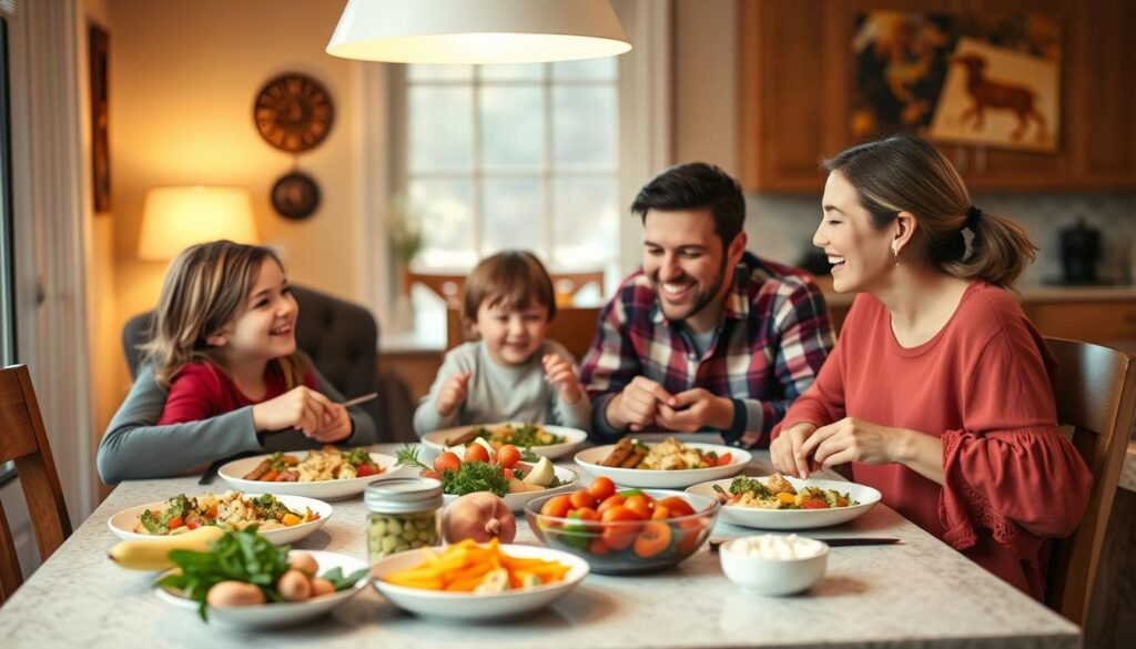 Family enjoying meal together after saving money on groceries Family enjoying meal together after saving money on groceries