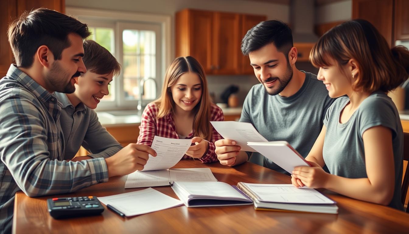 Family reviewing grocery receipts and calculating savings on groceries