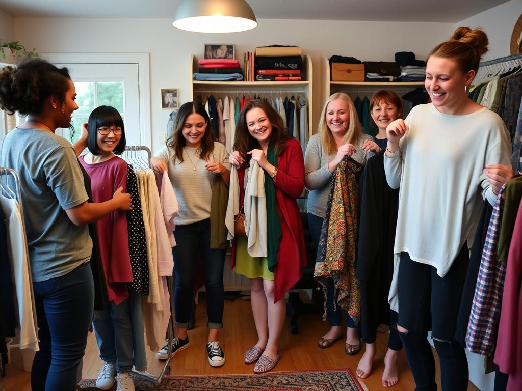 Friends participating in a clothing swap event