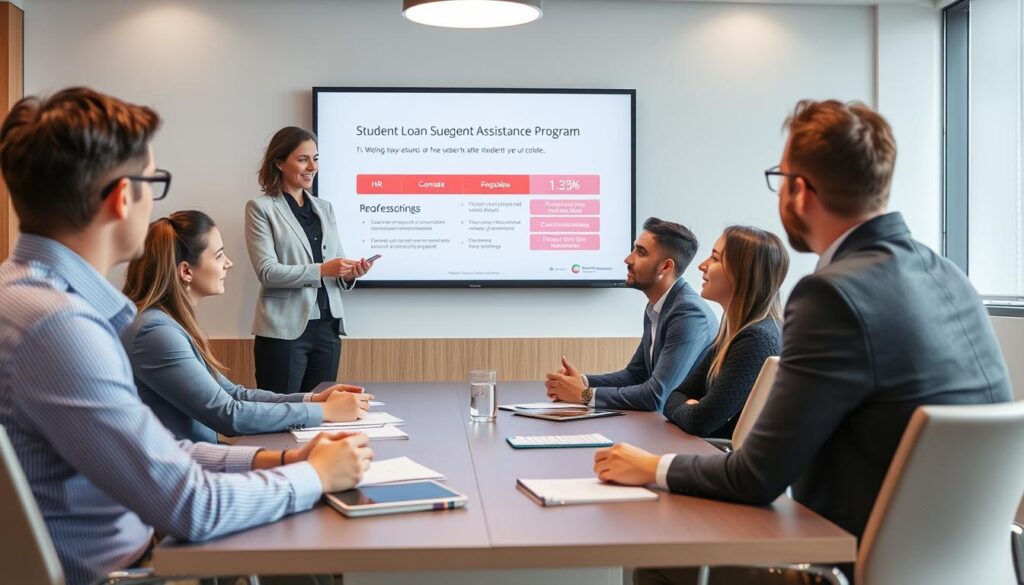 HR meeting discussing employee student loan assistance program