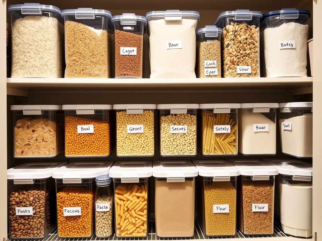 Organized pantry with bulk food storage to save money on groceries Organized pantry with bulk food storage to save money on groceries