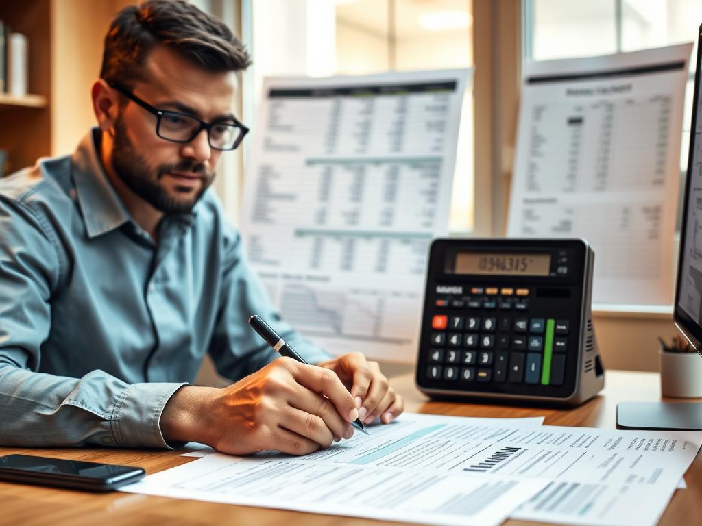 Person analyzing debt statements and calculating debt-to-income ratio to pay off debt quickly Person analyzing debt statements and calculating debt-to-income ratio to pay off debt quickly