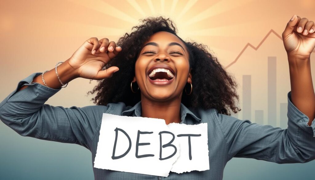 Person celebrating becoming debt-free after following a debt repayment strategy Person celebrating becoming debt-free after following a debt repayment strategy