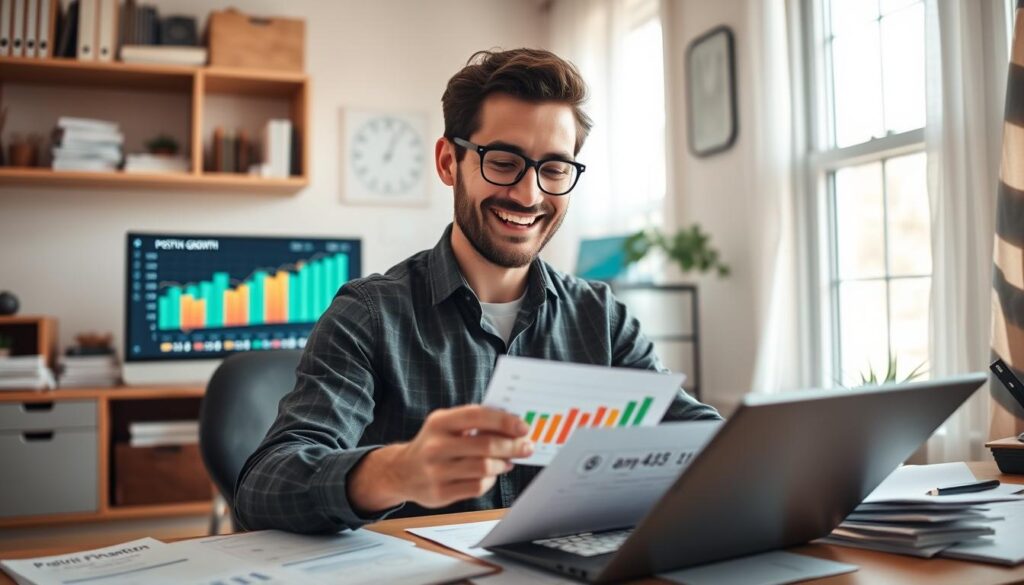 Person celebrating financial progress by reviewing savings growth Person celebrating financial progress by reviewing savings growth