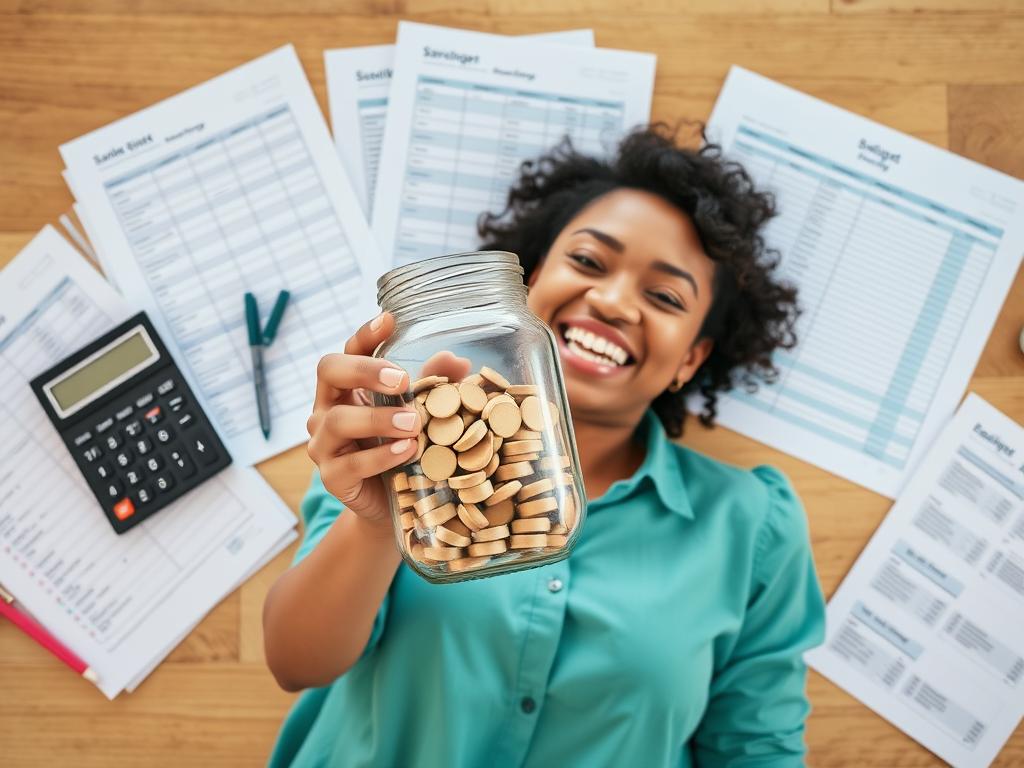 Person celebrating financial success with savings jar