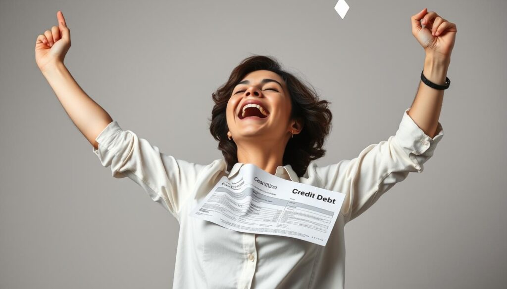 Person celebrating freedom from credit card debt after completing repayment plan Person celebrating freedom from credit card debt after completing repayment plan