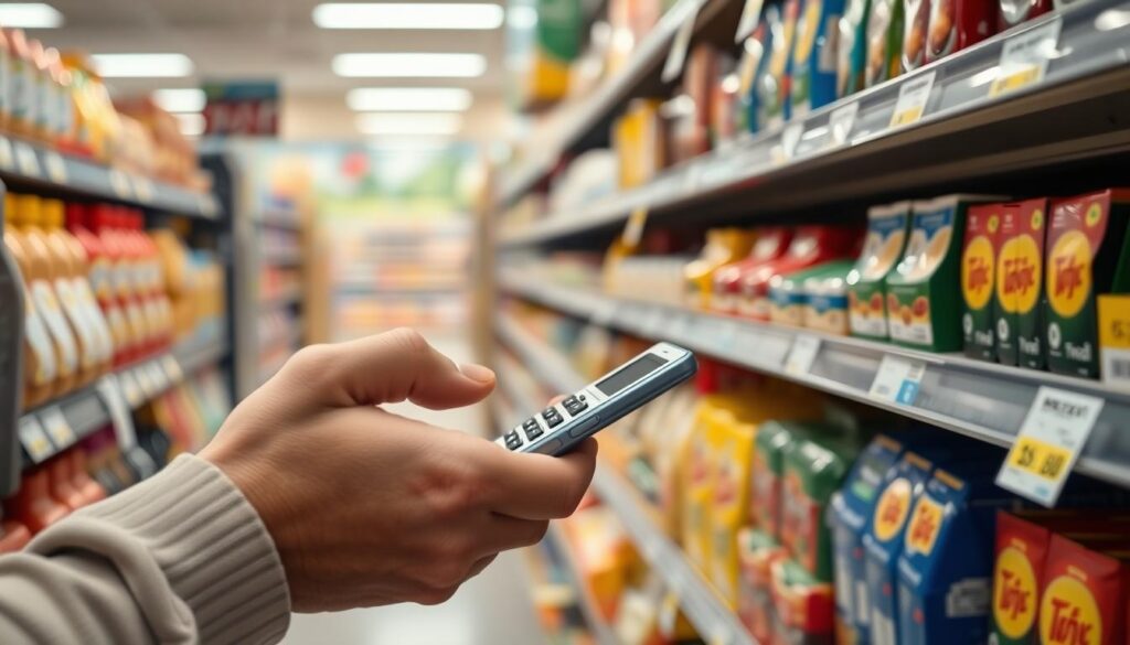 Person comparing unit prices to save money on groceries Person comparing unit prices to save money on groceries