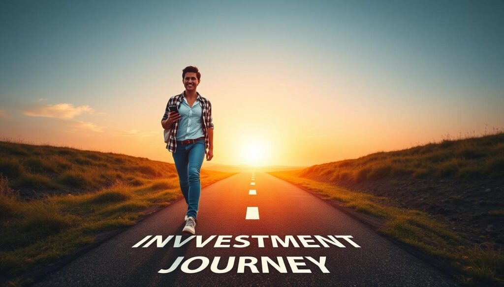 Person confidently taking first step on investment journey path Person confidently taking first step on investment journey path