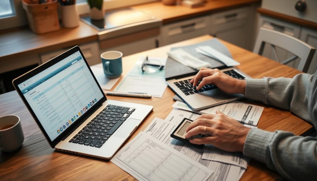 Person creating a budget spreadsheet to pay off debt quickly Person creating a budget spreadsheet to pay off debt quickly