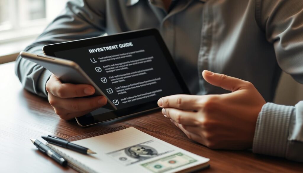 Person following step-by-step guide to investing on tablet Person following step-by-step guide to investing on tablet