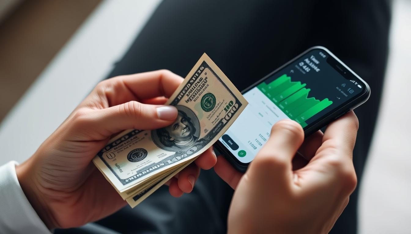 Person holding a $100 bill next to a smartphone showing an investment app