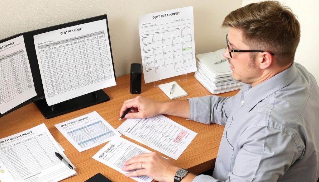 Person implementing a debt repayment strategy with budget and tracking tools Person implementing a debt repayment strategy with budget and tracking tools