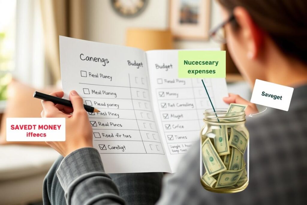 Person implementing savings strategies at home Person implementing savings strategies at home