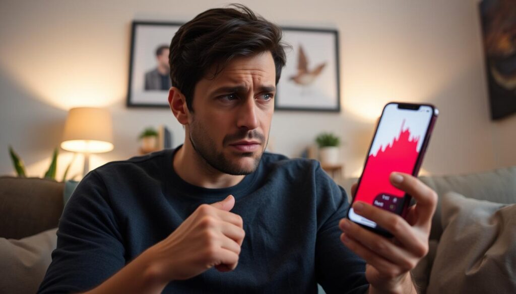 Person looking frustrated while checking investment losses on phone Person looking frustrated while checking investment losses on phone
