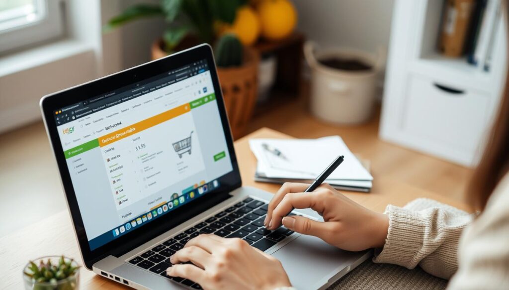 Person ordering groceries online to save money Person ordering groceries online to save money