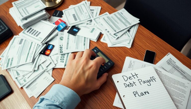 Person organizing debt bills and creating a debt repayment strategy plan