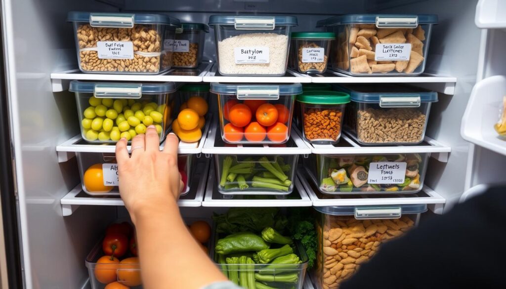 Person organizing refrigerator with labeled containers to reduce food waste and save money on groceries Person organizing refrigerator with labeled containers to reduce food waste and save money on groceries