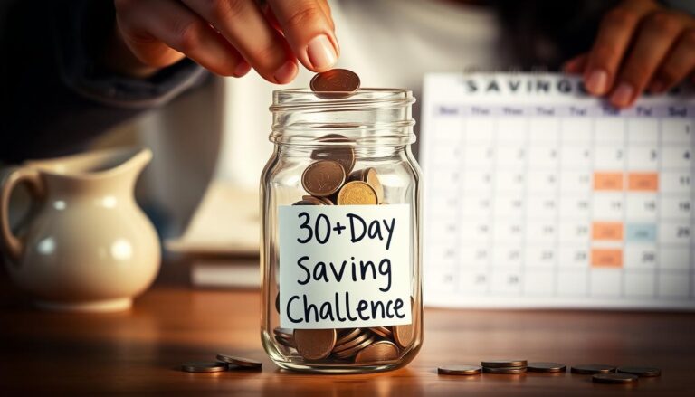Person putting coins in a jar labeled '30-Day Savings Challenge'